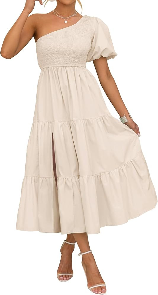 ZESICA Women's Boho Summer One Shoulder Short Sleeve Smocked Side Split Ruffle Swing Midi Dress | Amazon (US)