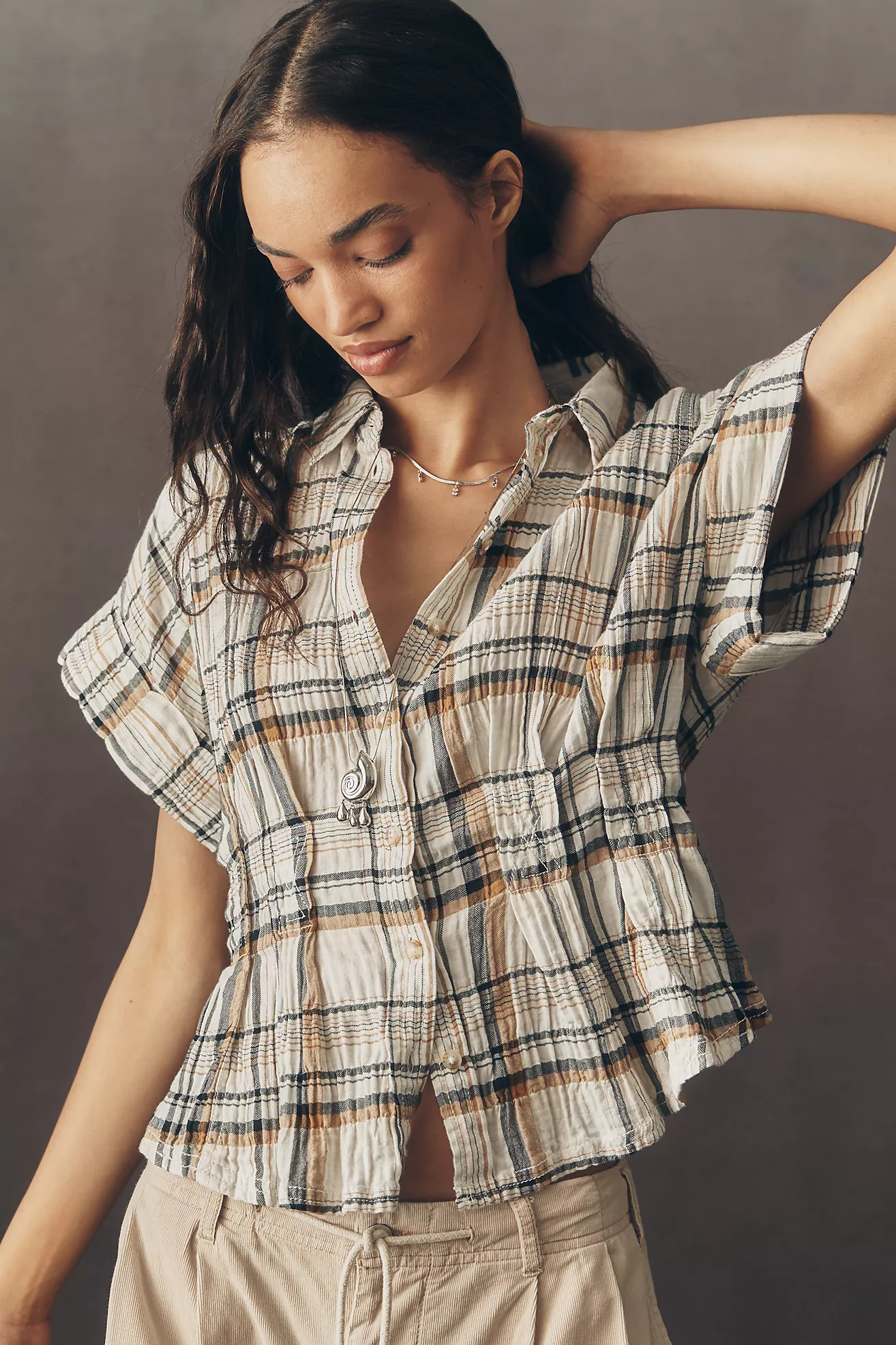 The Bobbie Short-Sleeve Fitted-Waist Plaid Blouse by Pilcro | Anthropologie (US)
