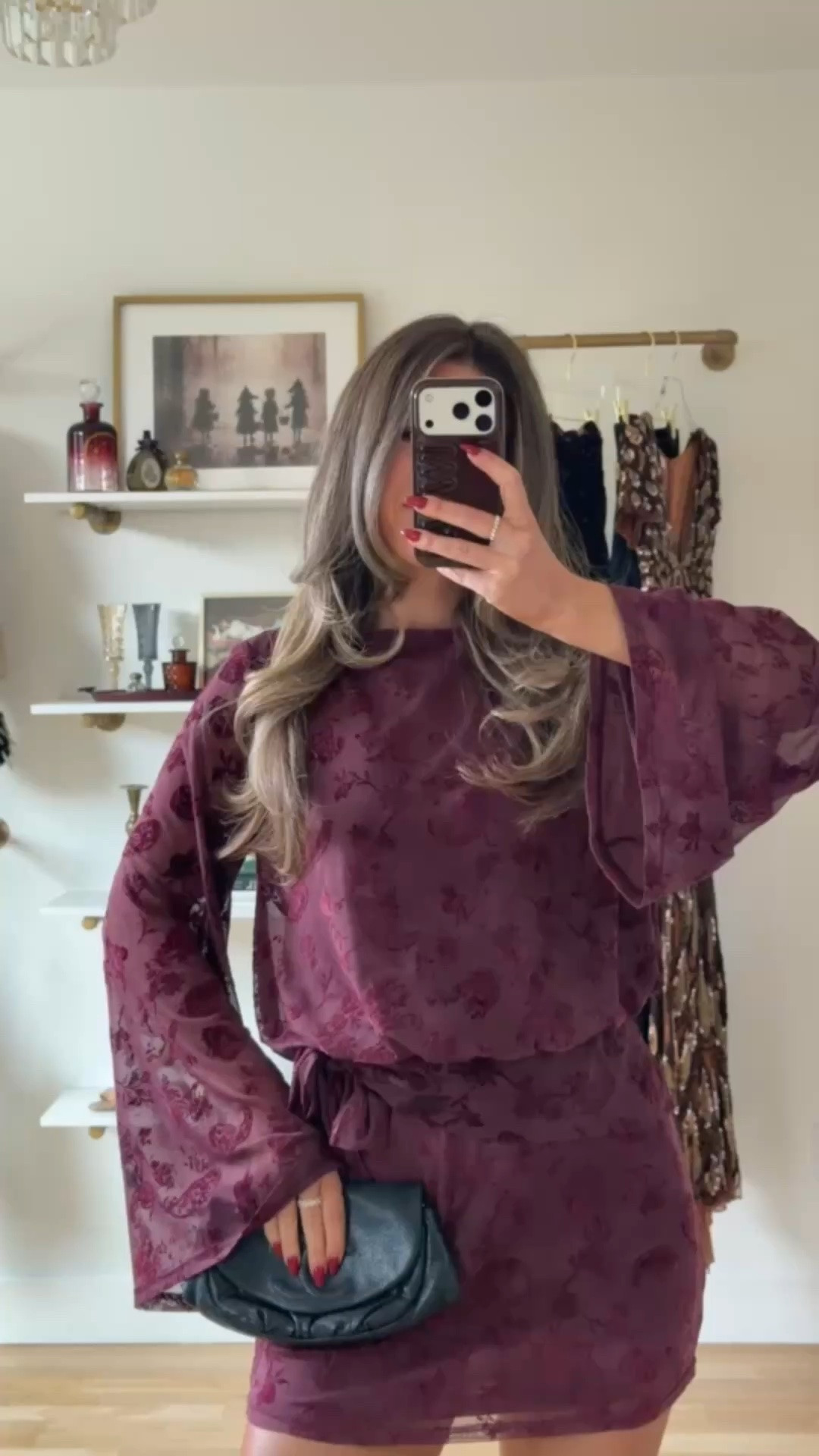 burgundy floral mini with long flared sleeves and a fringed waist tie vici fall and winter wedding guest and special occasion dress ✨

codes -
Vici: Emerson35
Vivrelle: Emerson20 

In 5’4” and wearing my usual smalls 

fall event, fall wedding guest dresses, cocktail dresses, semi-formal dresses, black tie wedding guest dresses, destination wedding guest dresses, garden party dresses, wedding guest outfit ideas

#LTKootd #LTKSeasonal #LTKgrwm