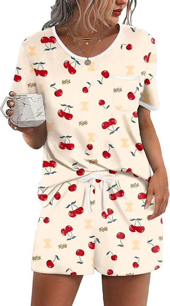 Ekouaer Pajama Set for Women 2 Piece Lounge Set Short Sleeve Tops and Shorts Soft Sleepwear, Ches... | Amazon (US)