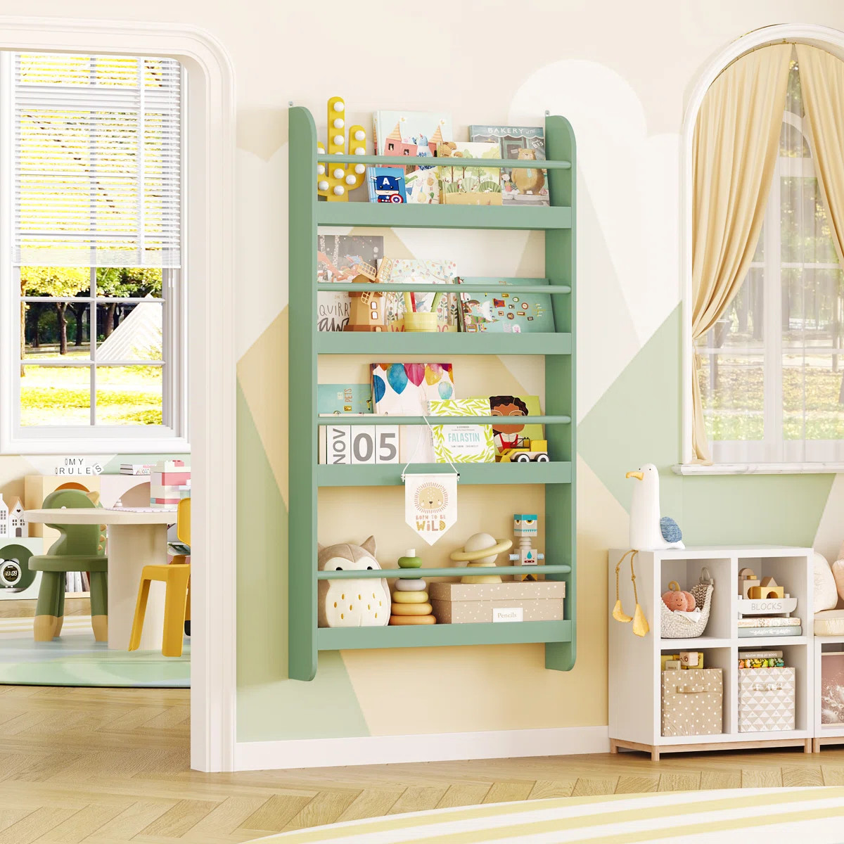Albertson 43.7'' H X 22.8'' W Kids Floating Bookshelf, Nursery Bookshelf for Toddler Room, Green | Wayfair North America