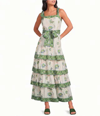 A Loves A Floral Pattern Square Neck Sleeveless Woven Belted Tiered Hem Maxi Dress - M | Dillard's