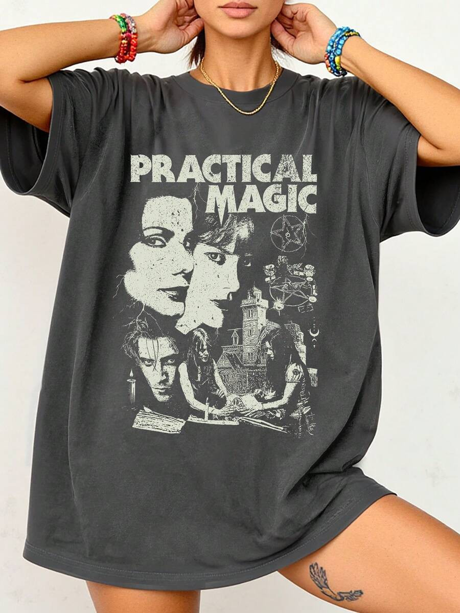 Plus Size Women Letter & Portrait Graphic Drop Shoulder Casual Round Neck Short Sleeve T-Shirt, V... | SHEIN