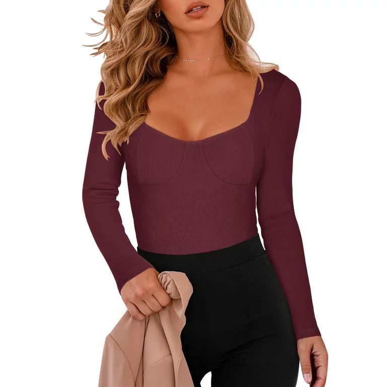 REORIA Women Square Neck Bodysuit Sexy Long Sleeve Ribbed Corset Tops | Walmart (US)