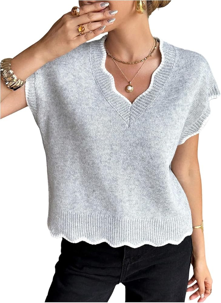 SOLY HUX Women's V Neck Sweater Scallop Cap Sleeve Knit Pullover Casual Tops | Amazon (US)