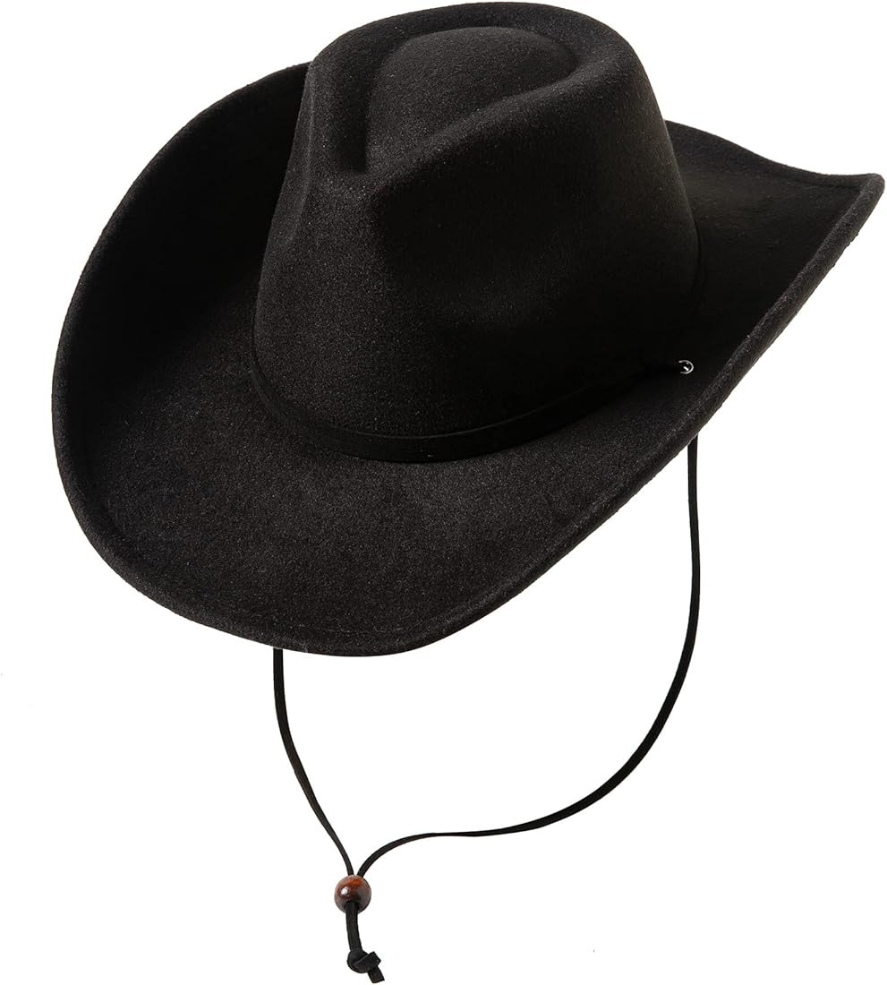 Lanzom Women Men Retro Felt Wide Brim Western Cowboy Cowgirl Hat Dress Up Hat with Wind Lanyard | Amazon (US)