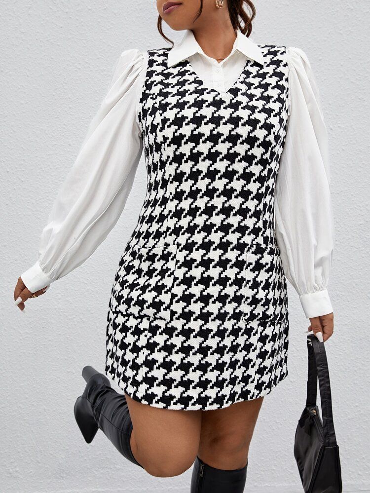 Plus Houndstooth Print Sleeveless Dress Without Blouse | SHEIN