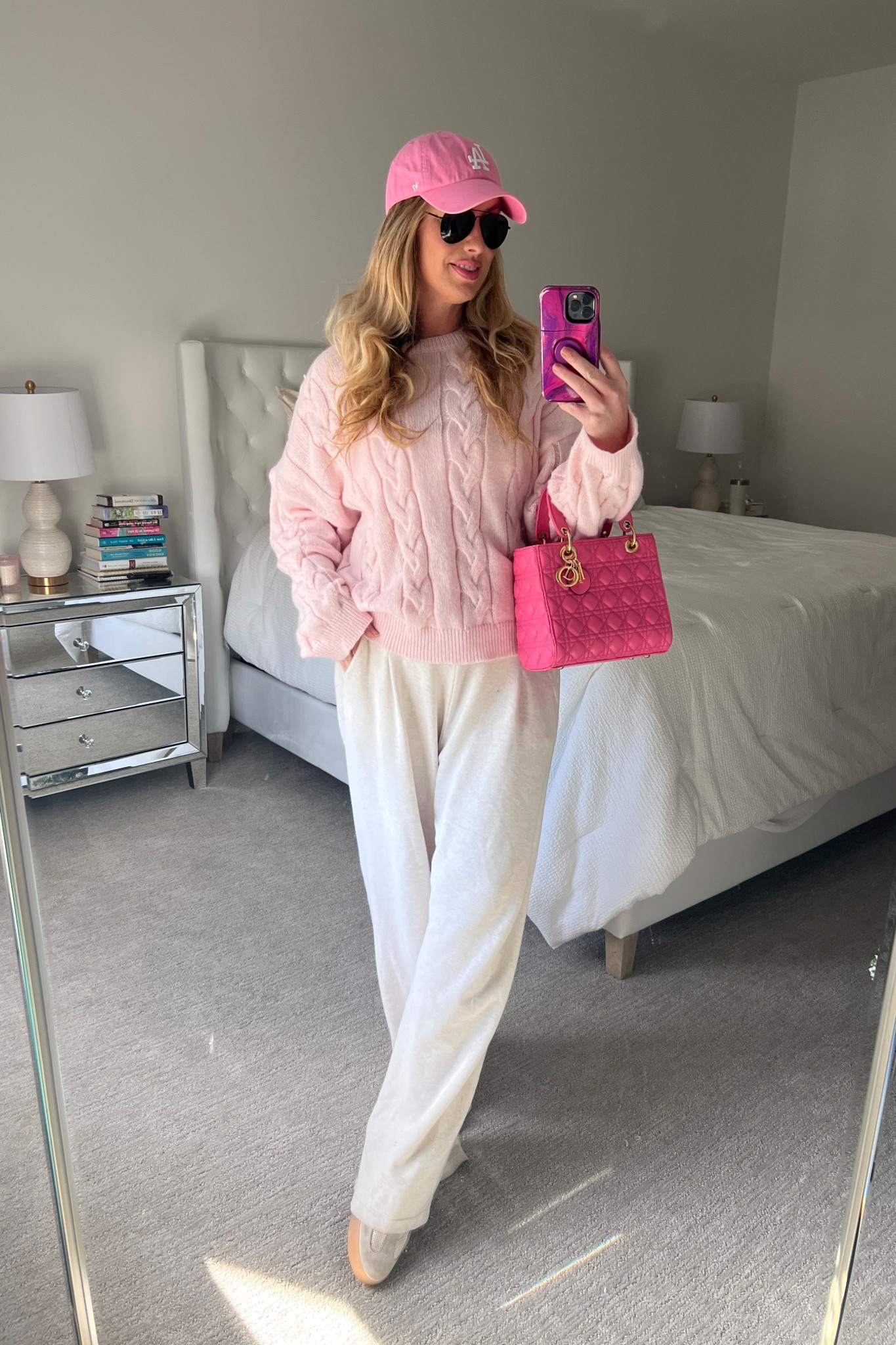 Cream wide leg sweatpants are an ESSENTIAL (I own these in 4 colors) 

Sz guide: I’m 5’10” 190 lb wearing XL Long) 

Pink hat 
Pink purse 
Tennis shoes 

#LTKPlusSize #LTKMidsize #LTKTall