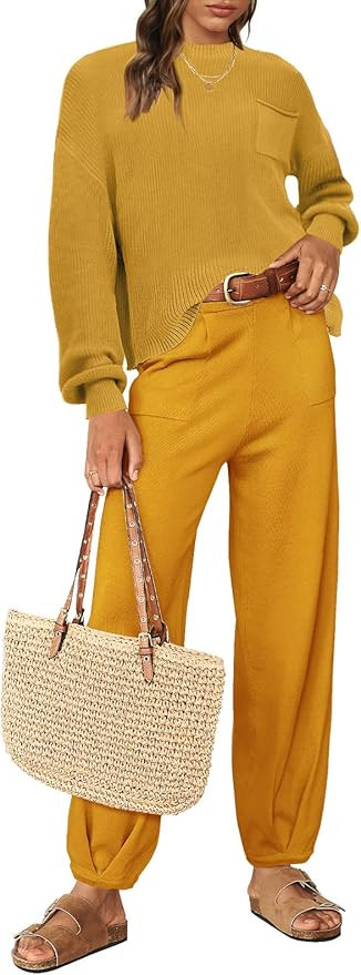 MEROKEETY Women's 2 Piece Outfits Sweater Set Long Sleeve Knit Pullover High Waist Pants Lounge S... | Amazon (US)