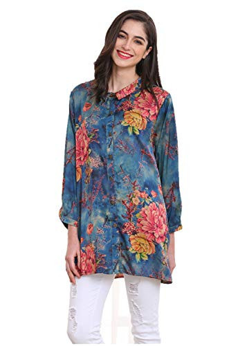 SIMPLY COUTURE Women's Blue Long Sleeve Floral Button Down Blouse- S | Amazon (US)