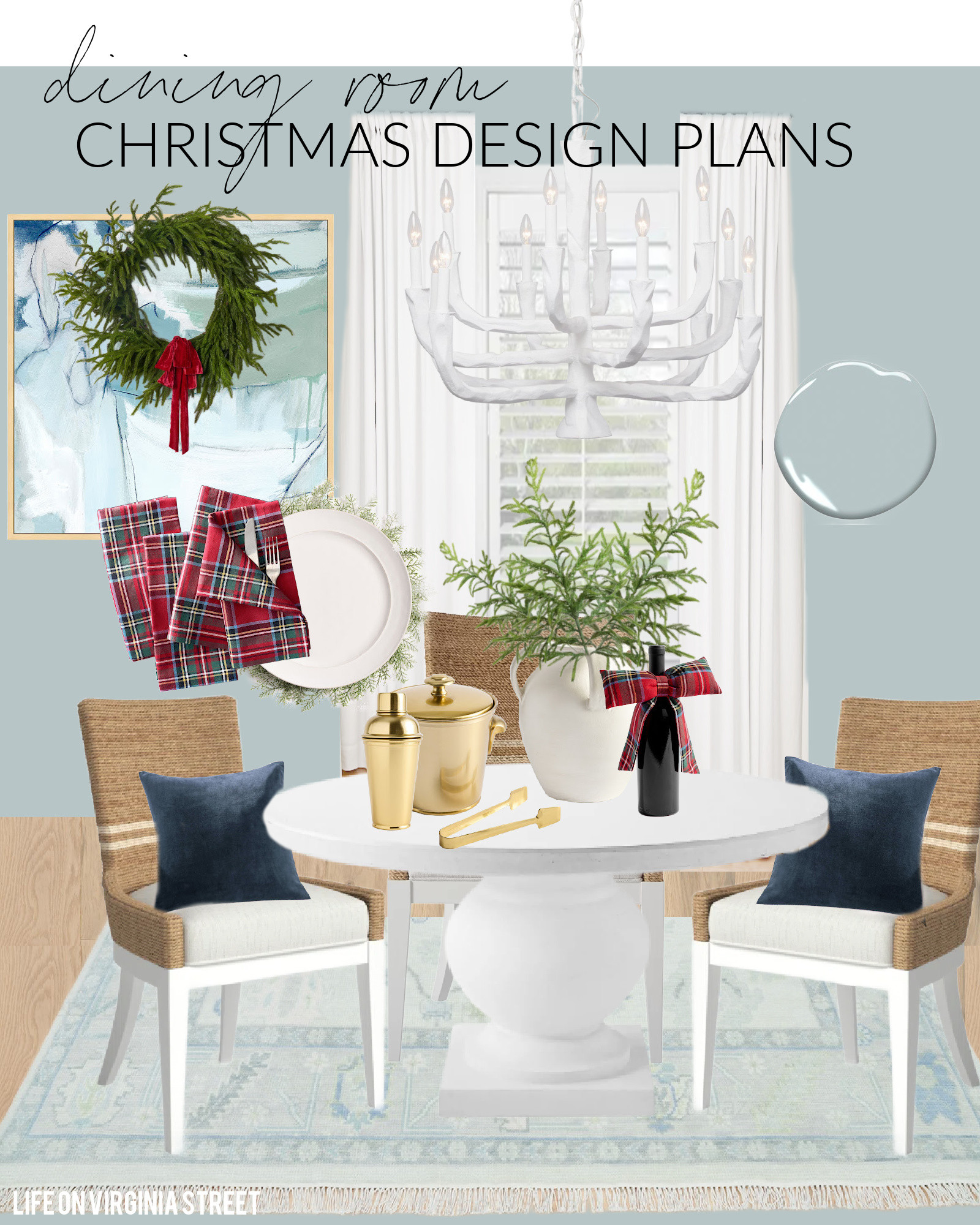 Christmas decorating plans in our coastal dining room! In addition to our white concrete dining table, natural woven dining chairs, blue abstract art, light blue oushak rug, and Smoke walls, I want to add an evergreen wreath, evergreen stems, navy blue velvet throw pillows, red plaid napkins, gold bar accessories, and a red plaid bow bottle topper! See all of my Christmas design plans here: https://lifeonvirginiastreet.com/2024-christmas-design-boards/. #ltkholiday #ltkhome #ltksalealert #ltkfindsunder50 #ltkfindsunder100 #ltkstyletip #ltkseasonal 

 #LTKHoliday #LTKSeasonal #LTKHome