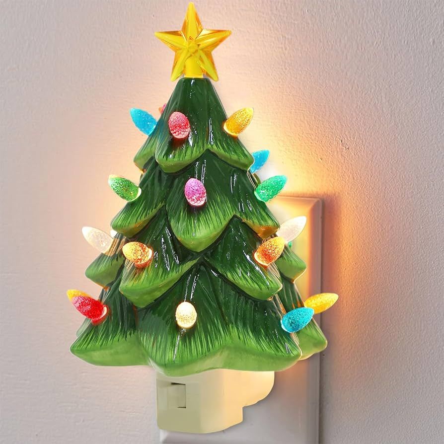 Hausse Green Christmas Tree Night Light, Decorative Ceramic Xmas Tree Nightlight with Lamp for Ki... | Amazon (US)