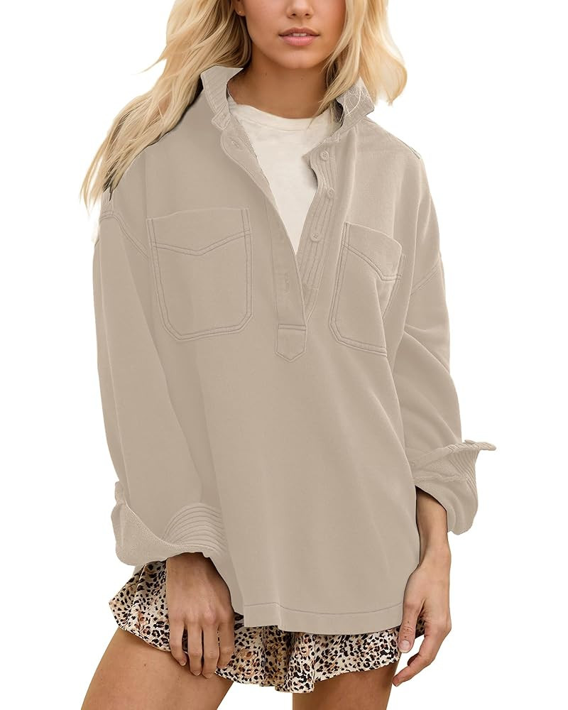 Gacaky Sweatshirt for Women Oversized Casual Long Sleeve Polo V Neck Split Pullover Tops Fashion ... | Amazon (US)