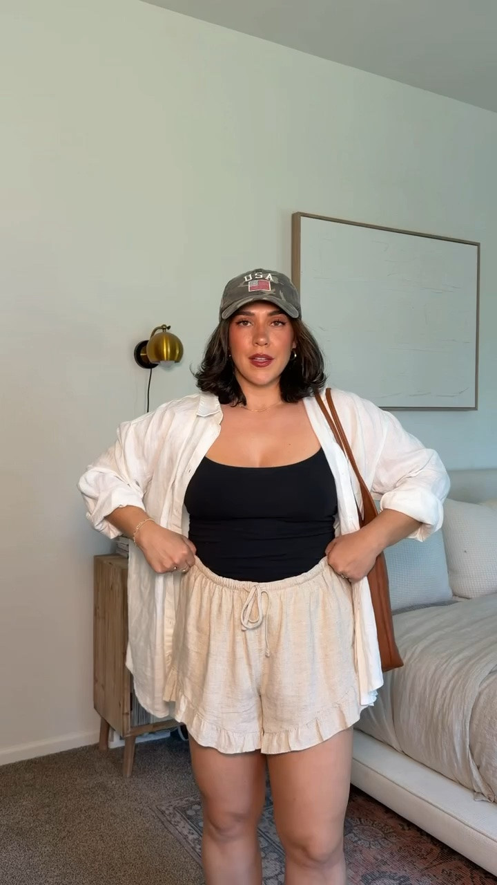 Pinterest vs me trying a "hot weather" outfit with linen shorts! Such a cute & easy look! Size M tank, L shorts, shirt is XL

#LTKSeasonal #LTKMidsize #LTKootd