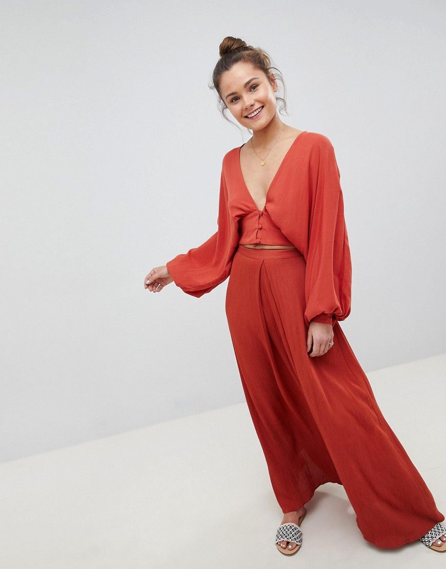 ASOS DESIGN crinkle maxi skirt with box pleat two-piece - Red | ASOS US