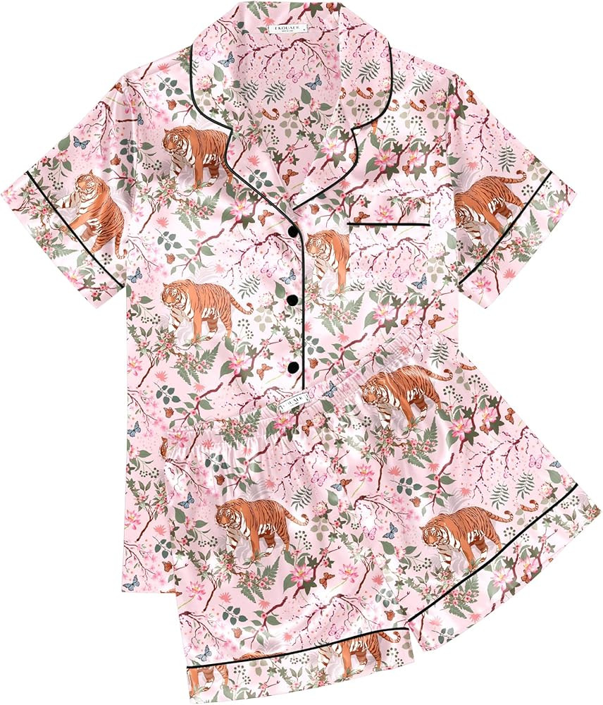 Ekouaer Womens Silk Satin Pajama Sets Soft Short Sleeve Button Down Sleepwear Top and Shorts 2 Pi... | Amazon (US)