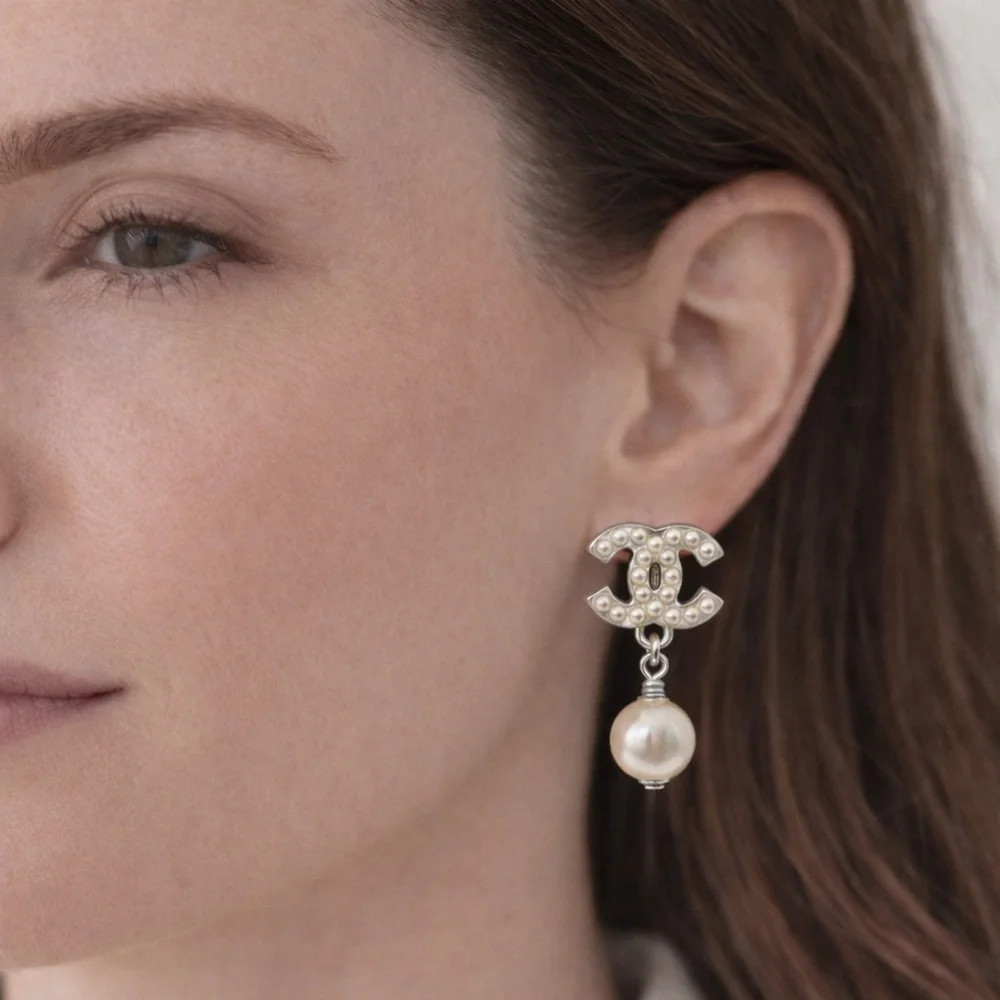 CHANEL Pearl Drop CC Silver and Pearl Earrings | Poshmark