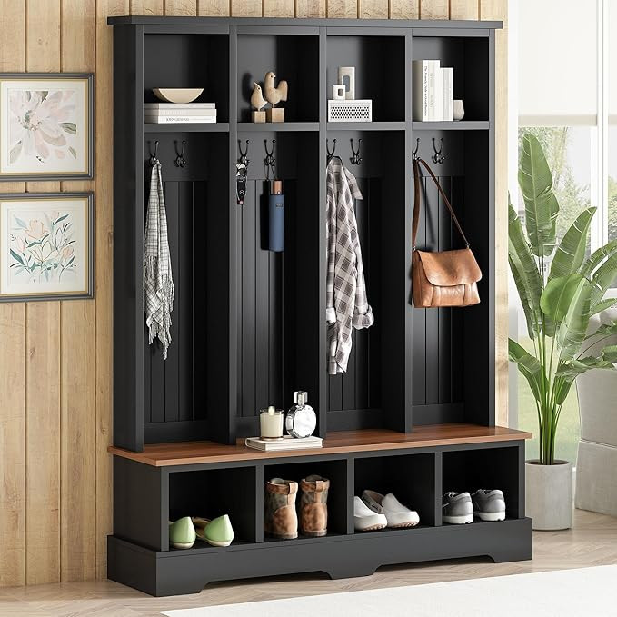 Merax Farmhouse Hall Tree with Bench and Shoe Storage, 59" Entryway Bench with Coat Rack, 3-in-1 ... | Amazon (US)