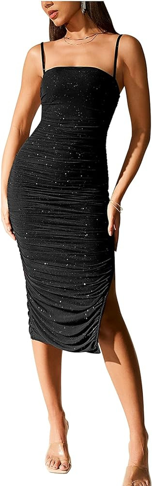 Sequin Bodycon Midi Dress for Women Sexy Sparkly Ruched Mesh Foramal Prom Cocktail Party Dresses | Amazon (US)