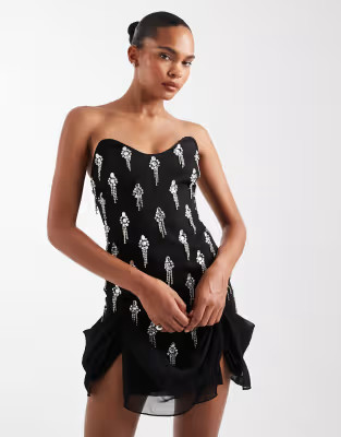 ASOS DESIGN corset detail embellished drape mini dress in black | ASOS (Global)