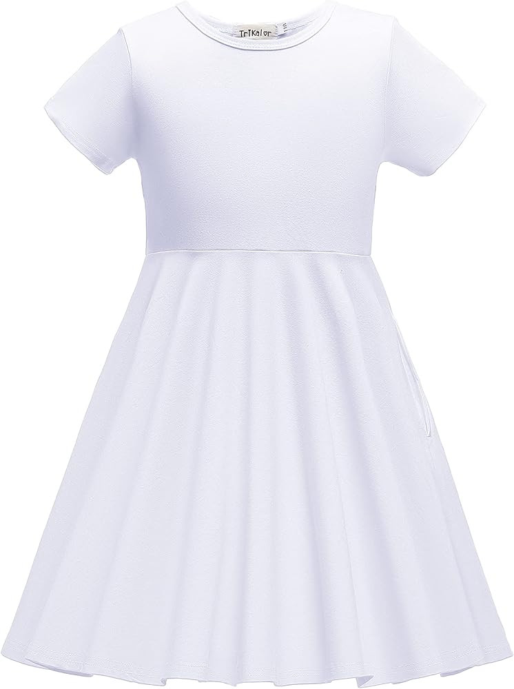 Girls Dresses Short Sleeve Solid Color Skater Casual Twirly Dress with Pockets | Amazon (US)