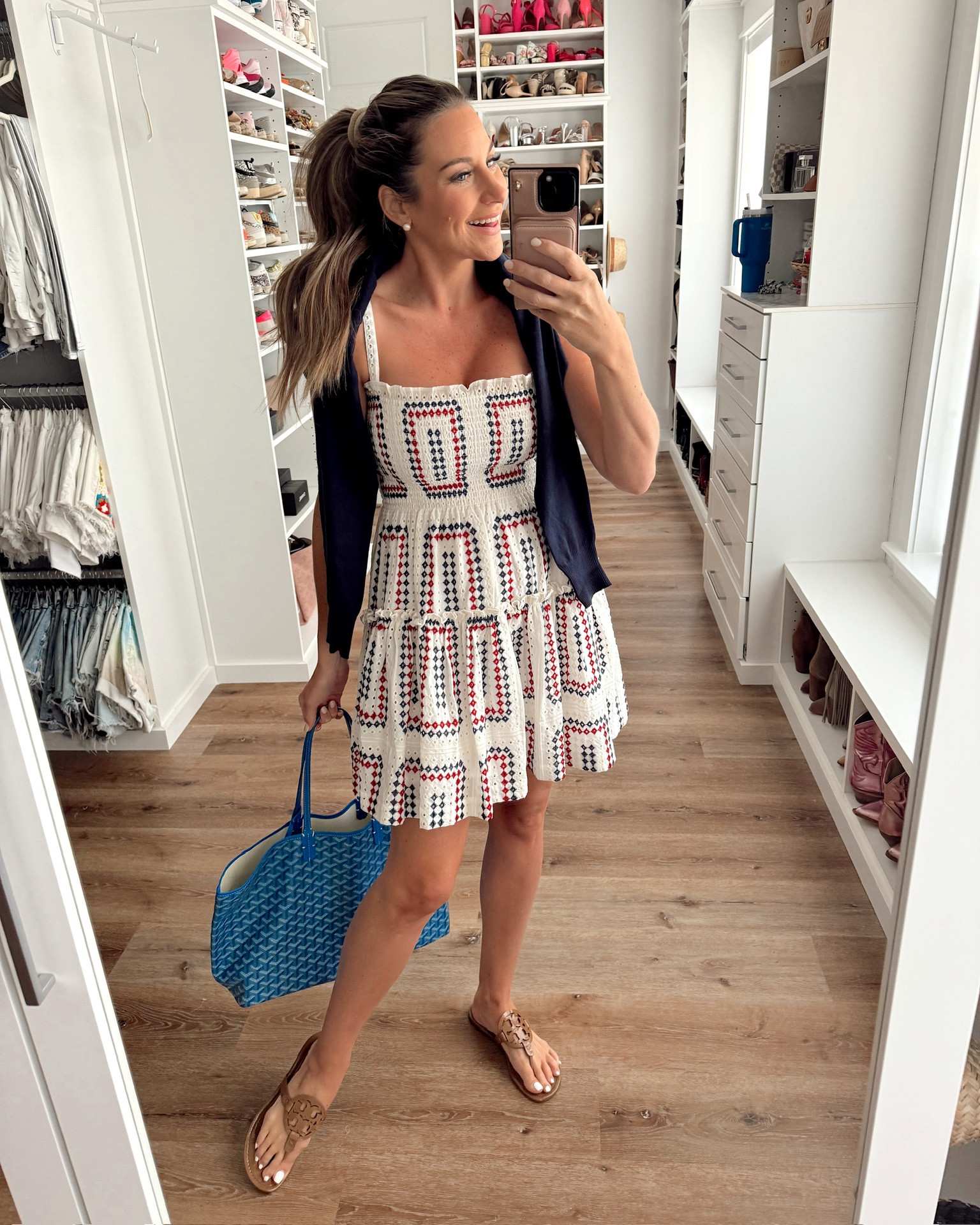 In a medium red white blue eyelet mini nap dress, small sweater, sandals and accessories- all fits TTS.

#LTKSeasonal #LTKBump #LTKStyleTip