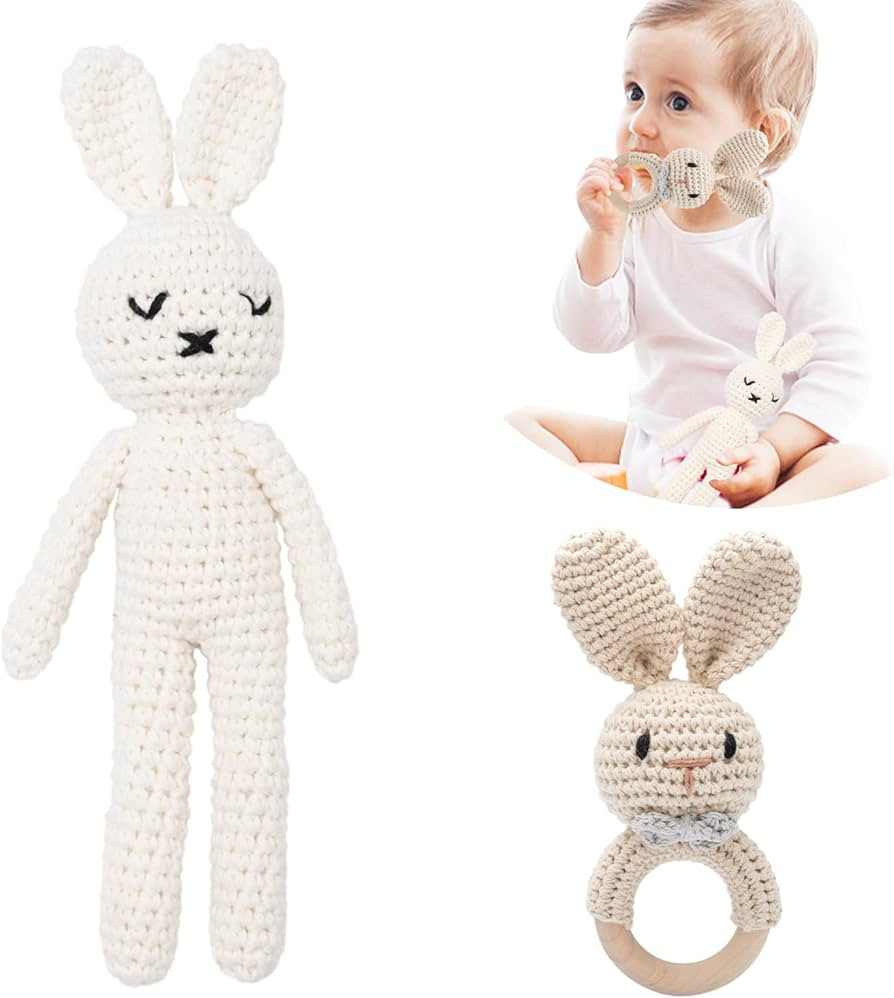 2PC Wooden Baby Bunny Rattle & Crochet Doll Plush Stuffed Rabbit Animals Toy for Newborn Baby | 1... | Amazon (US)