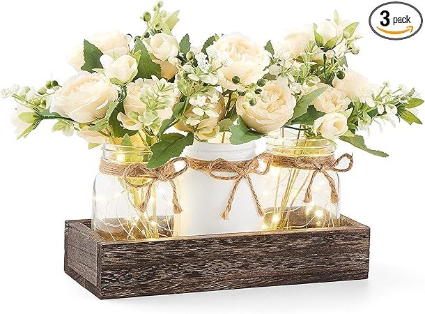 Mkono Mason Jar Lights Centerpiece Table Decorations for Dining Room Farmhouse Coffee Table Decor... | Amazon (US)