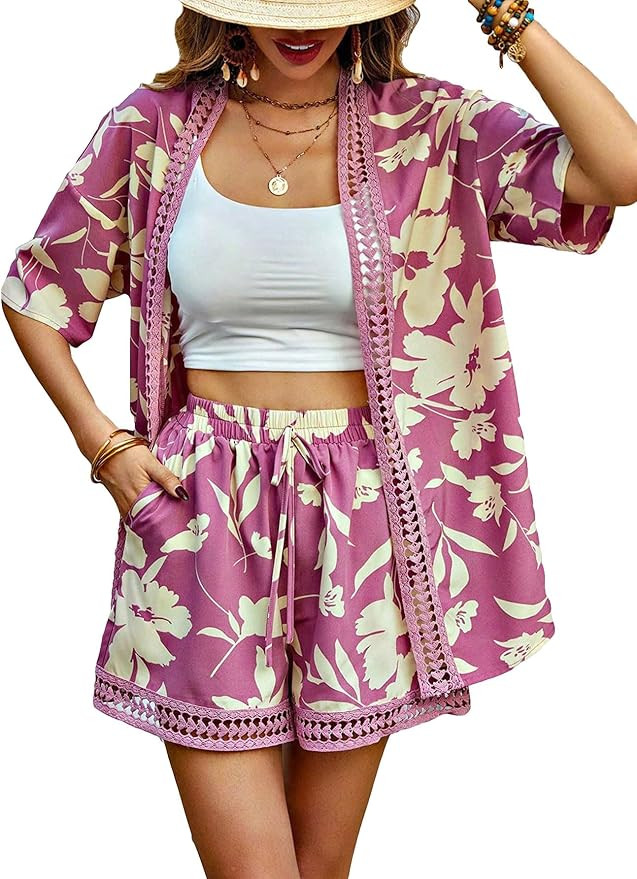 MakeMeChic Women's Plus Size Boho 2 Piece Outfits Short Sleeve Kimono Cardigan Casual Vocation Sh... | Amazon (US)