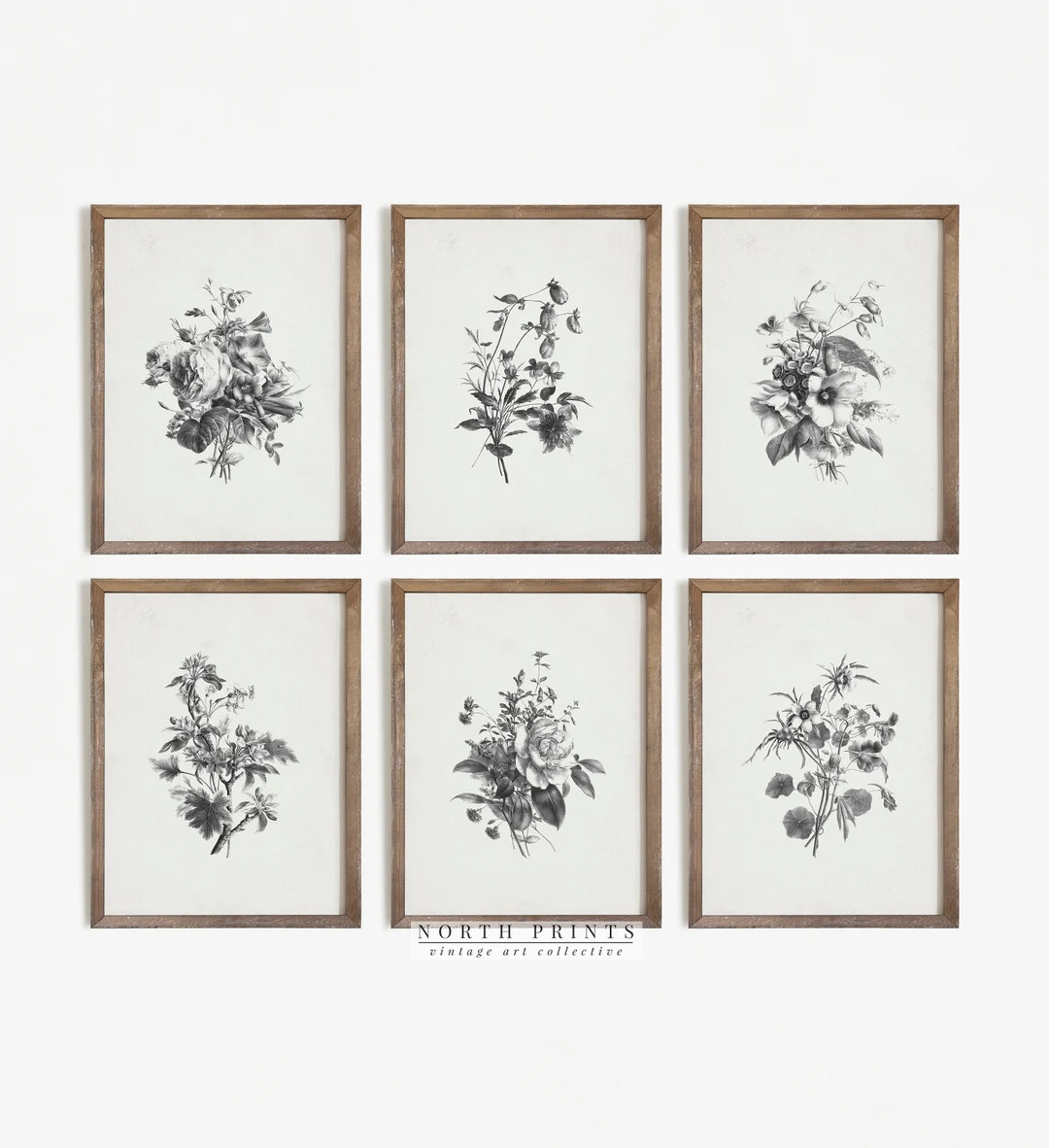 Vintage Botanical Gallery Wall Print SET | Neutral Flower Drawing Prints | Digital PRINTABLE | S6... | Etsy (US)