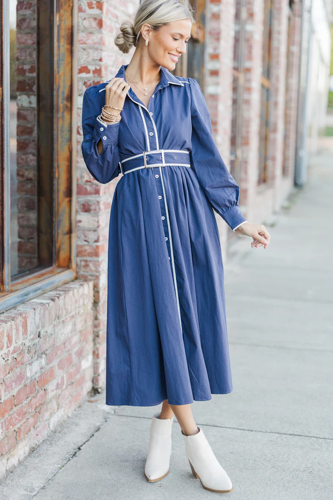 Tell Your Story Navy Blue Contrast Midi Dress | The Mint Julep Boutique