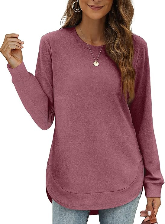 Womens Sweatshirt Crewneck Long Sleeve Shirts for Women High Low Tops Curved Hem | Amazon (US)