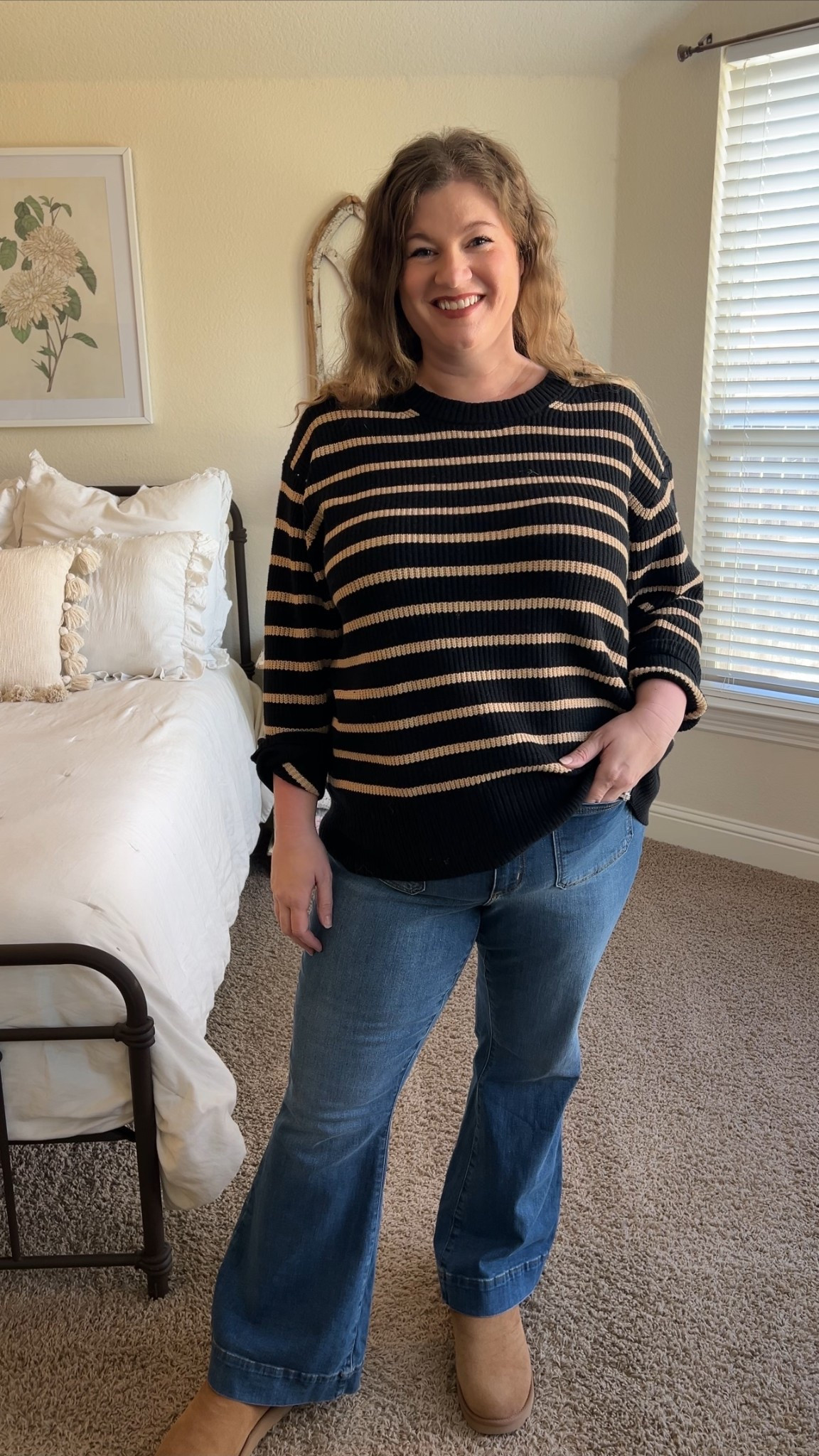 Wearing a 2X in the sweater, runs true to size! I LOVE the black and tan stripes and love that it’s not a fleecey hot sweater. Comes in XXL - 4X. 
Wearing an 18 in the flare jeans, I’d say stick to your true size in these but if you are between grab the smaller size. These are stretchy. Sizes 16-26. 

Comfy casual outfits for plus size women
Casual ootd plus size curvy
Wear around the house
Mom style mom life mom outfit 
Size 18 size 20 outfit Ava and viv
Fall clothes 
Striped sweater flare jeans

#LTKootd #LTKPlusSize #LTKFindsUnder50