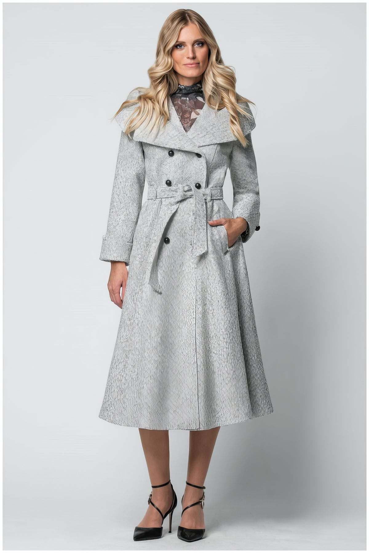 Nicole Wool Wrap Coat in Herringbone Gray | Luna Fashion House | Luna Fashion House