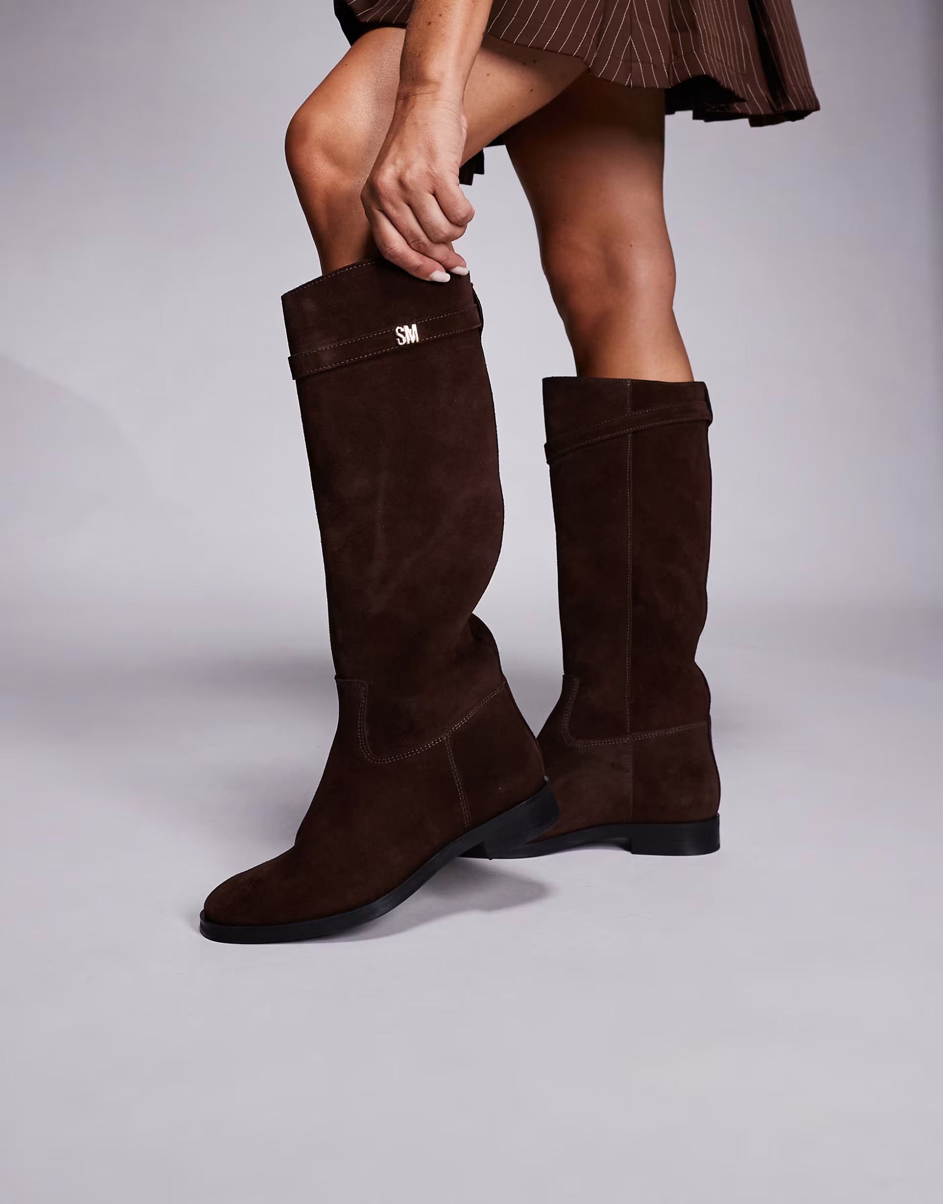 Steve Madden Novi DK buckle detail riding boot in suede chocolate | ASOS (Global)