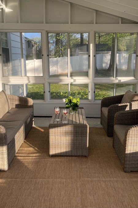 Sunroom details 🤍 loving this wicker patio furniture set and indoor/outdoor rug

#LTKSeasonal #LTKStyleTip #LTKHome