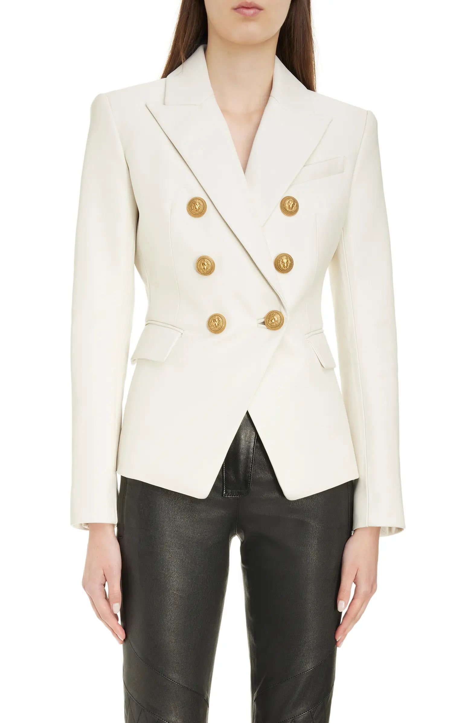Balmain Fitted Double Breasted Leather Blazer | Nordstrom | Nordstrom