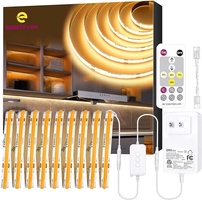 EMITEVER LED Strip Light Warm White 3000K 16.4ft,24V DC COB Dimmable Tape Lights with RF Controll... | Amazon (US)