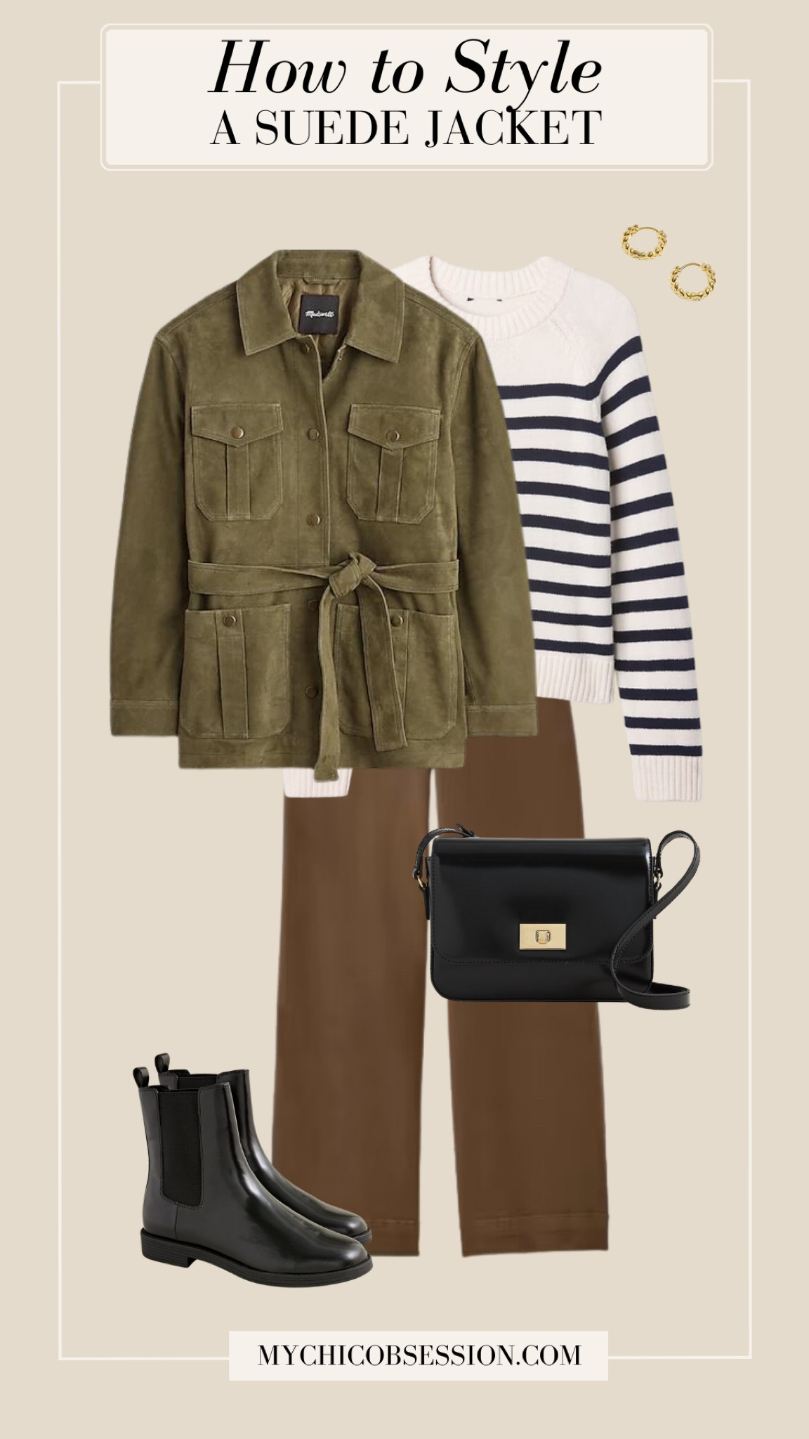 Here’s a casual chic idea for your next fall outfit: utility jeans, a striped cashmere sweater, a belted suede jacket, a leather crossbody bag, and Chelsea boots.

#LTKStyleTip #LTKSeasonal