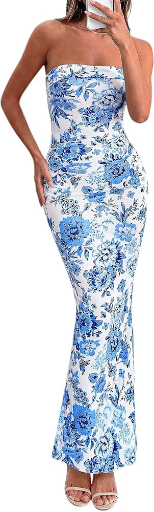 PRETTYGARDEN Bodycon Long Dresses for Women 2026 Strapless Tube Summer Floral Maxi Dress Sleevele... | Amazon (US)