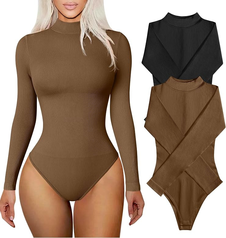 TOB Women's 2 Piece Bodysuits Sexy Ribbed Long Sleeve High Neck Tops Bodysuits | Amazon (US)