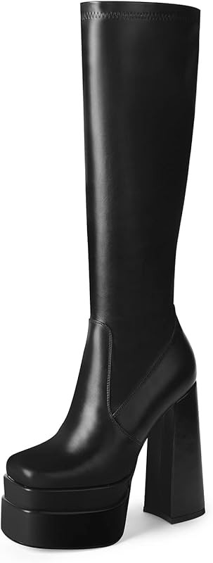 WETKISS Women's Black Platform Knee High Boots Stacked High Heeled Boots Square Toe Side Zip Stretch | Amazon (US)