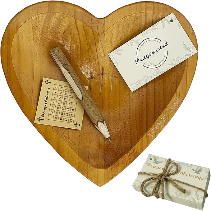 Heart Prayer Bowl with 30 Cards, Meaningful Gift for Friend, Handcrafted Wooden Bowl with Cross, ... | Amazon (US)