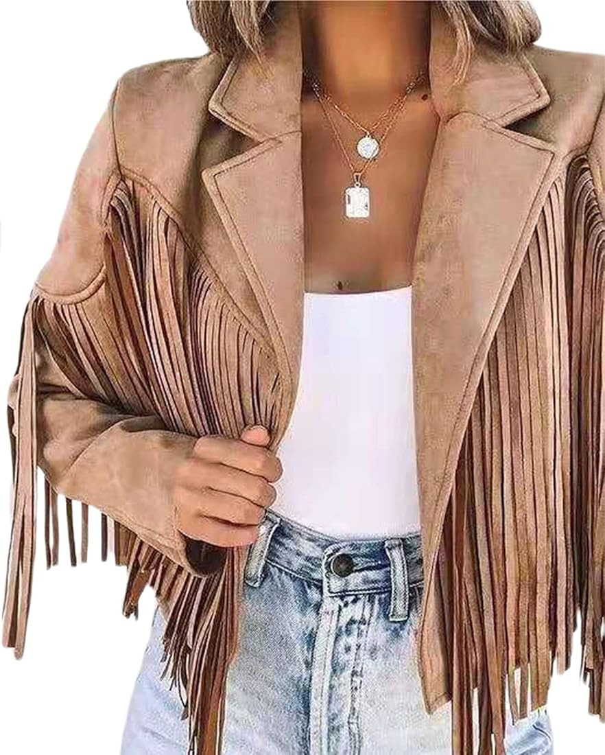 Women Vintage Faux Suede Tassel Cropped Jacket Long Sleeve Fringe Coat Hippie Motorcycle Biker Jacke | Amazon (US)