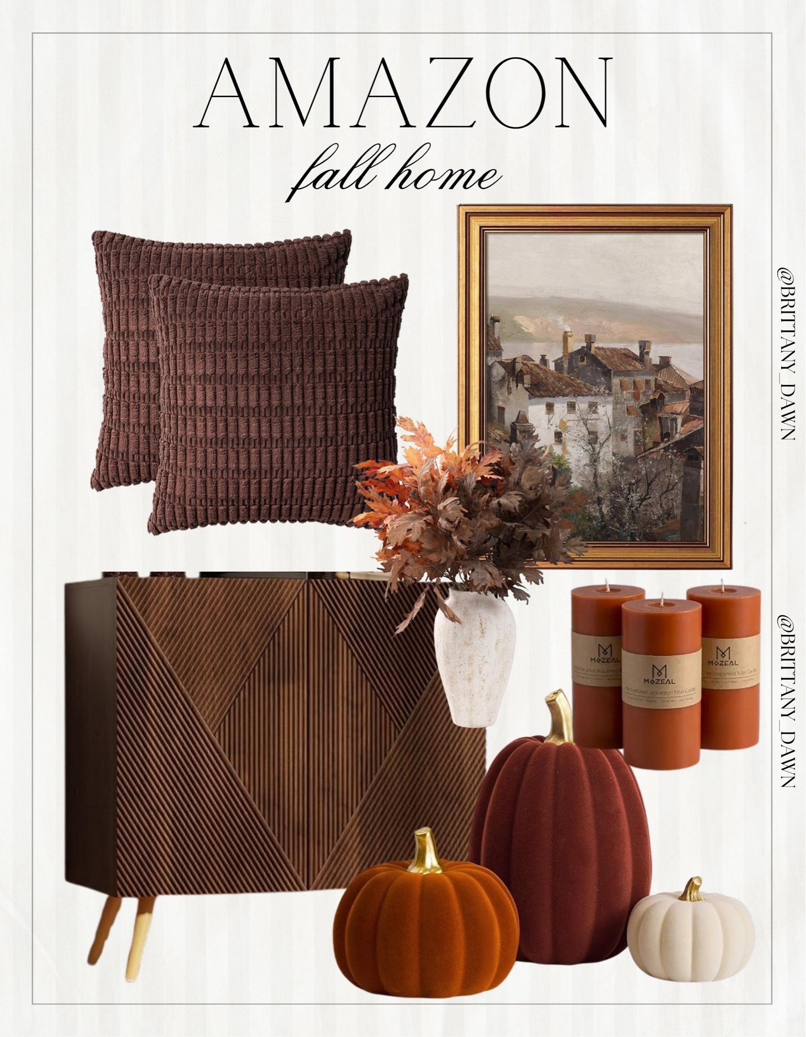 Cozy Amazon fall home finds! 🍁

I styled textured brown throw pillows, a vintage framed wall art print, and a textured white vase with autumn faux foliage.

I paired them with a dark wood geometric sideboard, terracotta pillar candles, and velvet pumpkins to complete the warm look. 🖼️✨

#AmazonHome #FallHomeDecor #LTKhome #CozyVibes #AutumnDecor #HomeStyling #InteriorInspo #WarmDecor

#LTKHome #LTKSeasonal