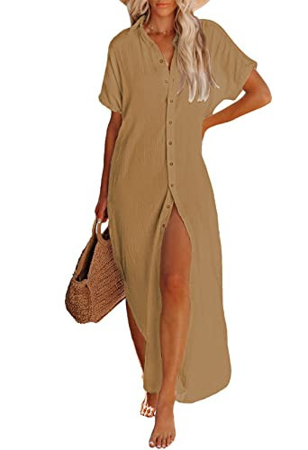 Pink Queen Women's Short Sleeve Button Down Dress Side Slit Long Swimsuit Cover Up Beach Blouse Dresses Khaki L | Amazon (US)