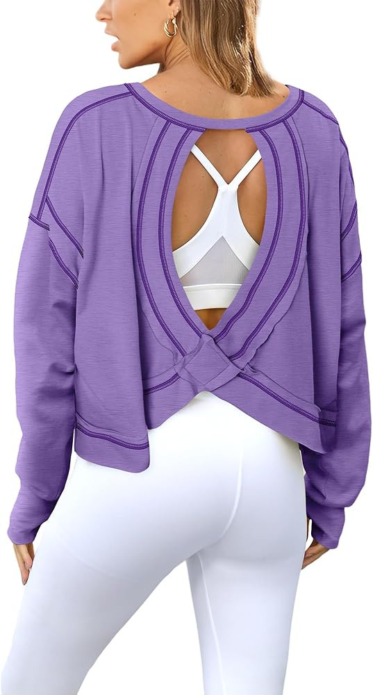 Magritta Womens Open Back Workout Top Loose Fit Boat Neck Athletic Shirts Casual Backless Crop Ru... | Amazon (US)