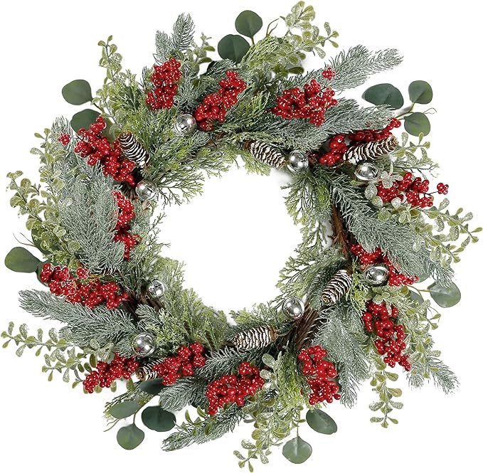 Sggvecsy 21 Inch Artificial Christmas Wreath for Front Door Xmas Red Berry Wreath with Pine Needl... | Amazon (US)