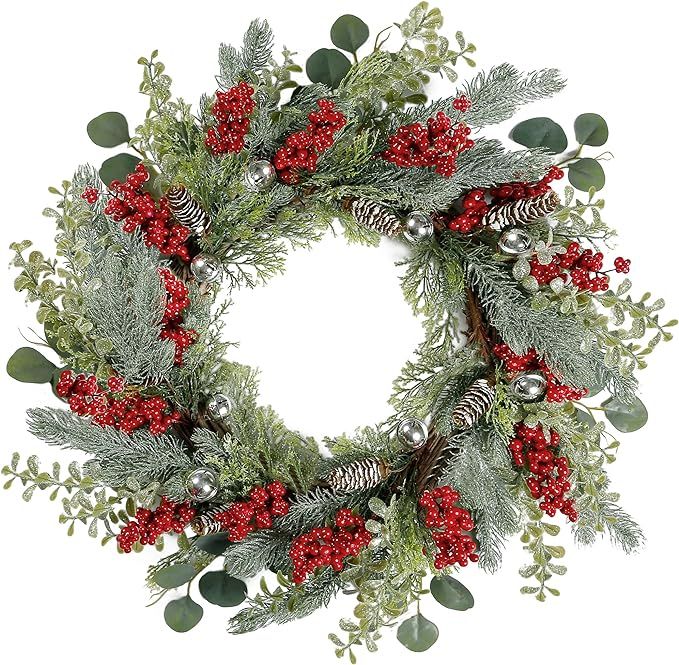 Amazon.com: Sggvecsy 21 Inch Artificial Christmas Wreath for Front Door Xmas Red Berry Wreath wit... | Amazon (US)