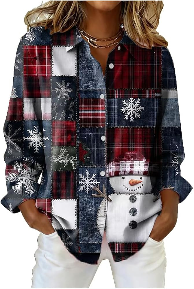 Women's Casual Christmas Plaid Shirt Fall Winter Plaid Christmas Patchwork Shirt | Amazon (US)